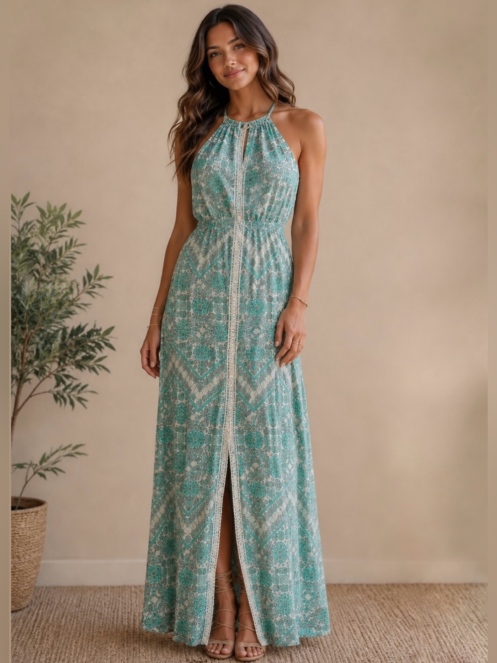Guess Boho Maxi Dress Sz XS - Seafoam Green Geometric Print